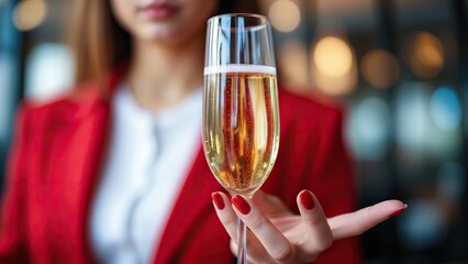 Woman in red blazer holding a champagne glass. A moment of elegant celebration or luxury toast. Red manicured nails enhance the festive mood.