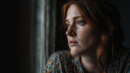 A contemplative young woman gazes out a window, her red hair softly illuminated, highlighting her freckles and pensive expression against a dark backdrop.