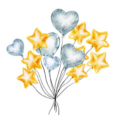 Hand drawn watercolor balloons with heart and star shapes isolated on white background.