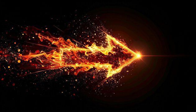 Vibrant arrow made of glowing particles points forward, creating sense of direction and energy, fiery effect adds dynamic and captivating visual element, perfect for conveying movement