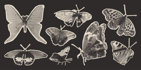 Obraz premium Halftone butterfly collage in grunge vintage monochrome on dark background. Retro sticker set with detailed insects - moth with dotted wings for scrapbook decoration. Y2k newspaper photocopy cutouts.