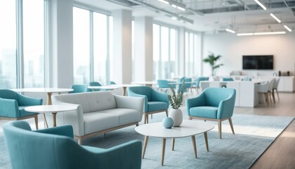 Modern office lounge area with light blue armchairs and white sofa in a bright, minimalist coworking space interior with large windows and natural light