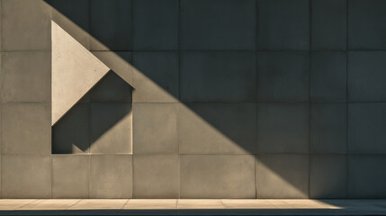 A minimalist concrete wall features a triangular relief casting a striking shadow, creating an interplay of light and form.
