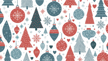 Christmas ornament and tree seamless pattern with festive winter snowflake holiday decoration elements
