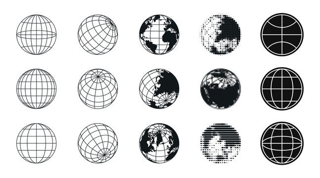 Y2k globe icons with world grid and earth map designs for retro planet symbols. Wireframe spheres with continents and pixelated patterns. Black monochrome international navigation elements set.