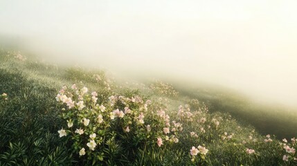 A misty hillside with pastel hellebores peeking out of the underbrush