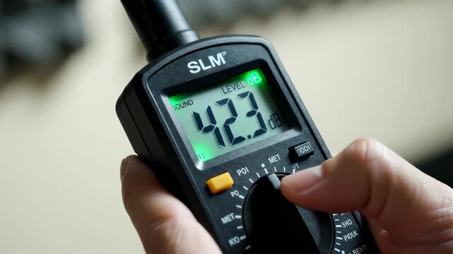 Person Adjusting Sound Level Meter for Decibel Measurement Reading
