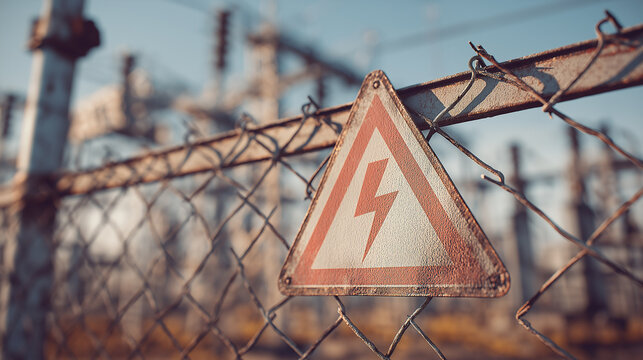 A close-up of a weathered electrical hazard sign attached to a chain-link fence, with industrial structures blurred in the background, signaling danger.