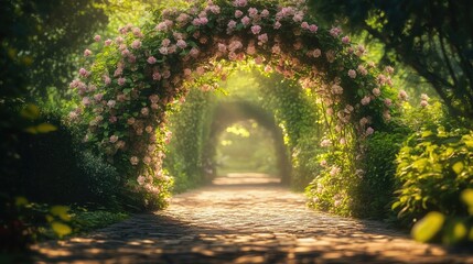 A natural archway made of intertwining pastel-colored clematis blooms