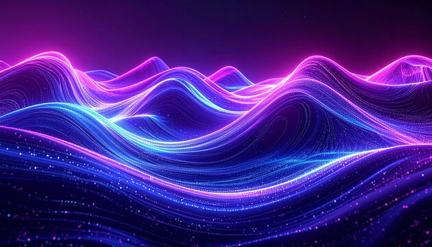 Abstract digital wave pattern with glowing neon purple and blue light trails on a dark background - Powered by Adobe