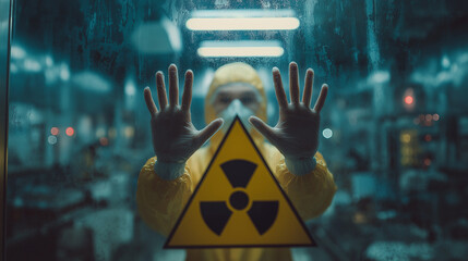 A person in a protective suit presses their hands against a fogged glass, next to a warning sign, evoking a sense of urgency and caution in a hazardous environment.