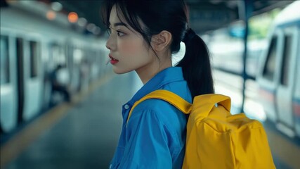 A young woman carrying a yellow backpack, waiting at the train station. - Powered by Adobe