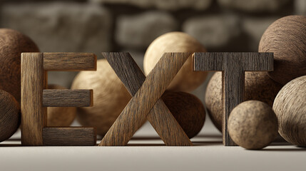 Stylized wooden letters forming EXT surrounded by textured spheres, showcasing a blend of natural tones and captivating design.