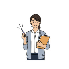 Smiling educator holding a pen and folder, conveying a positive teaching atmosphere