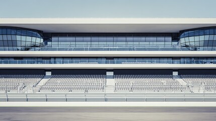 front elevation view of a modern F1 race track tribune, empty seats, symmetrical architecture