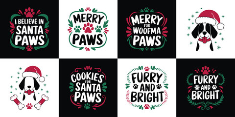Christmas dog quote bundle with festive pet typography paw prints bones and Santa hat illustrations