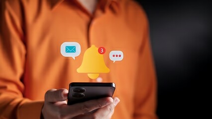 Person holding smartphone with notification icons: bell, email, and messages