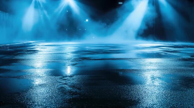 Reflections of lights on a wet road. Dark parking lot with rainfall.