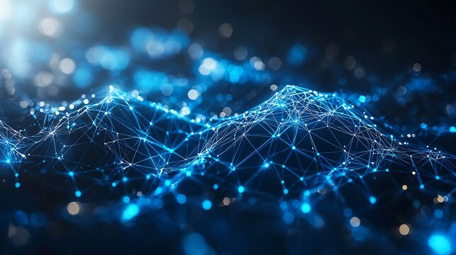 Abstract blue network with connecting dots and lines on a dark background with bokeh lights