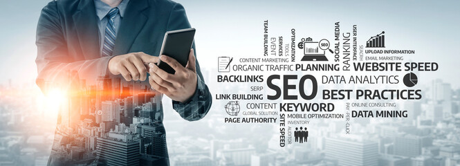 A businessman uses a tablet to analyze data and SEO strategies against a modern city skyline backdrop, representing digital marketing and business growth. Tessel