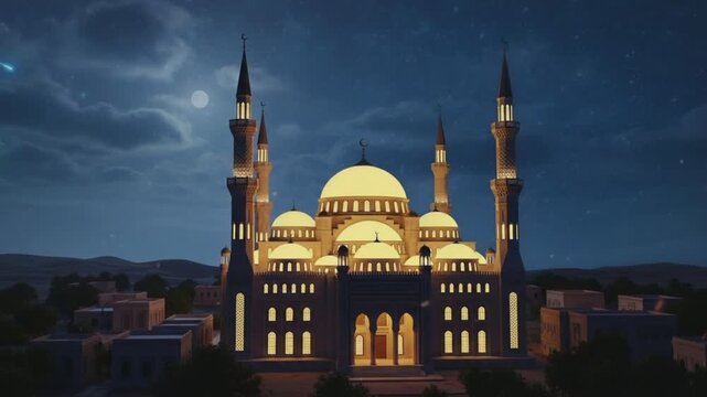 Beautiful landscape of mosque at night for Ramadan Kareem,Aidil Fitri, eid Mubarak decoration design gift background