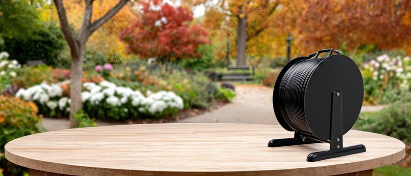 Black garden hose reel on a wooden table with autumn foliage in the background and space available for text