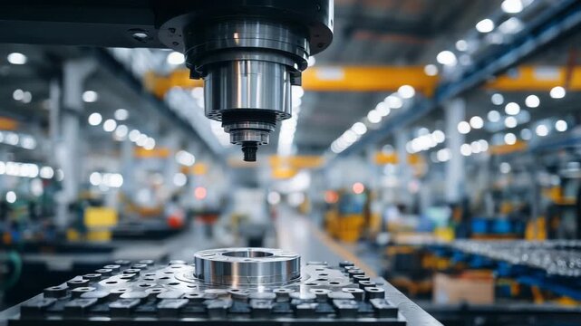 265Macro view of industrial machinery, intricate mechanical components and screws in sharp focus, factory floor softly blurred in the background