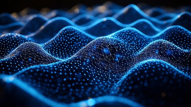 Abstract blue network with connected dots forming a wavy surface in a dark environment