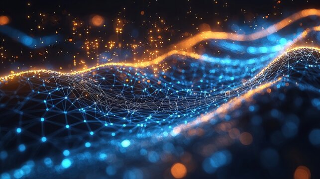 Abstract network landscape with blue nodes connected by lines and orange glowing particles above