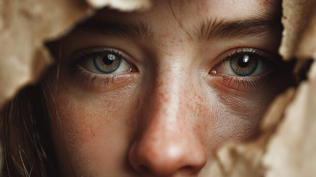 Close-up of a person's striking eyes framed by peeling layers, revealing depth and emotion through their vivid blue and brown irises.