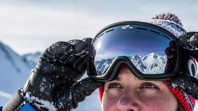 Young woman adjusting ski goggles while enjoying snowy mountain view  