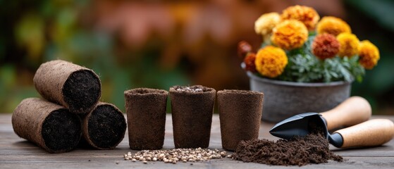 Seedlings and garden tools on a wooden table with autumn landscape in the background