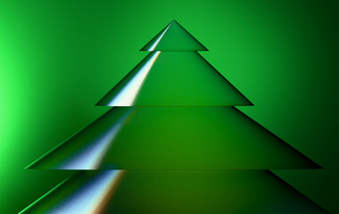 Fototapeta premium Modern Geometric Green Cone Structure Resembling a Minimal Christmas Tree on Dark Background