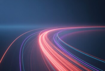 Dynamic neon light trails showcasing modern technology and futuristic data streams on dark background