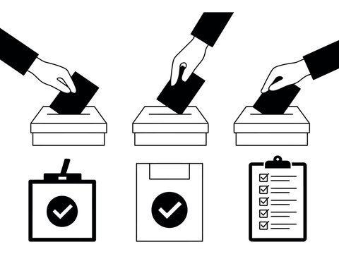 Black and white illustration of voting process with ballot boxes and checklist icon