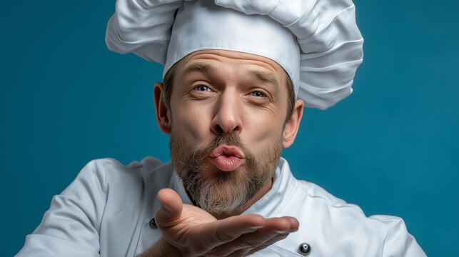 Charming chef blowing a kiss, showcasing a playful spirit against a vibrant blue background, radiating warmth and culinary passion.