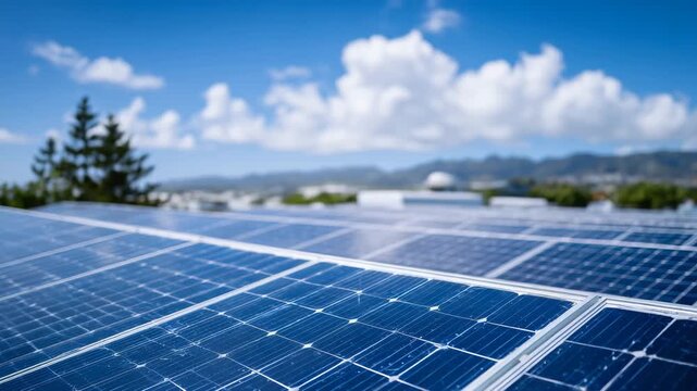 268Close-up of solar panel on private home roof, metallic frame and glass surface reflecting sky, cables connecting to household electrical system visible