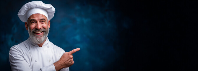 A cheerful chef with a gray beard and white uniform is smiling and pointing, set against a vibrant blue background.