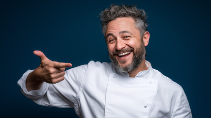 A cheerful chef in a white coat flashes a playful smile and points, exuding confidence and joy in the culinary arts against a dark blue background.