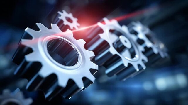 275Macro illustration of industrial machinery parts, cogs and levers in sharp focus, ambient workshop lighting creating dramatic highlights