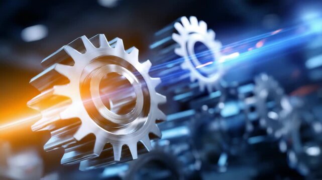 274Macro illustration of industrial machinery parts, cogs and levers in sharp focus, ambient workshop lighting creating dramatic highlights