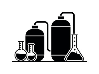 Illustration of chemical laboratory equipment including flasks and tanks in black