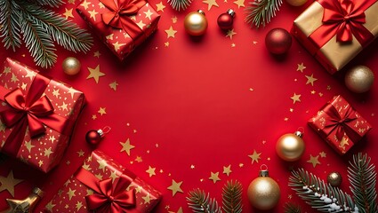 Red Christmas holiday background with gold gift boxes, golden ribbon, and Christmas tree decorations