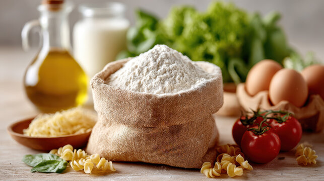 Ingredients for italian cooking with flour, eggs, and fresh vegetables on wooden table