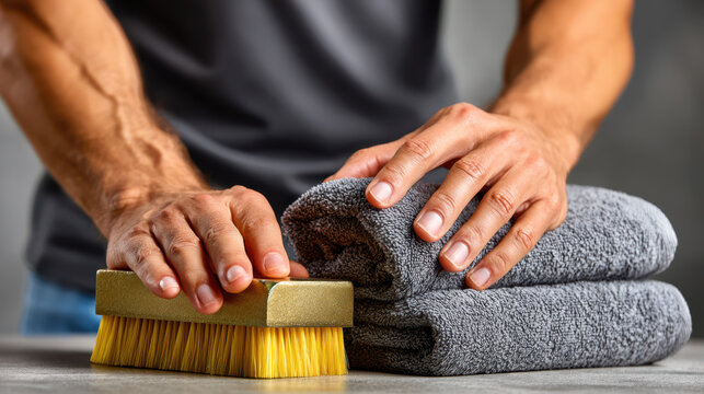 Cleaning routine with folded towels and scrub brush in bathroom setting