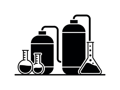 Illustration of chemical laboratory equipment including flasks and tanks in black