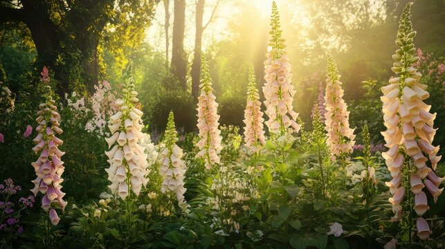 A serene spring garden scene where clusters of pastel foxgloves tower above a bed of soft green foliage