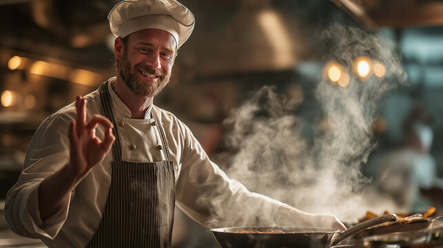 A smiling chef in a bustling kitchen showcases culinary expertise, gesturing with confidence as steam rises from a sizzling pan, creating an inviting atmosphere.