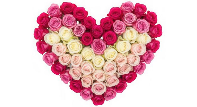 Heart shape made of pink and white roses isolated on transparent background