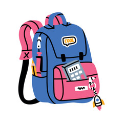 School Backpack with Stationery and Supplies Vector Illustration